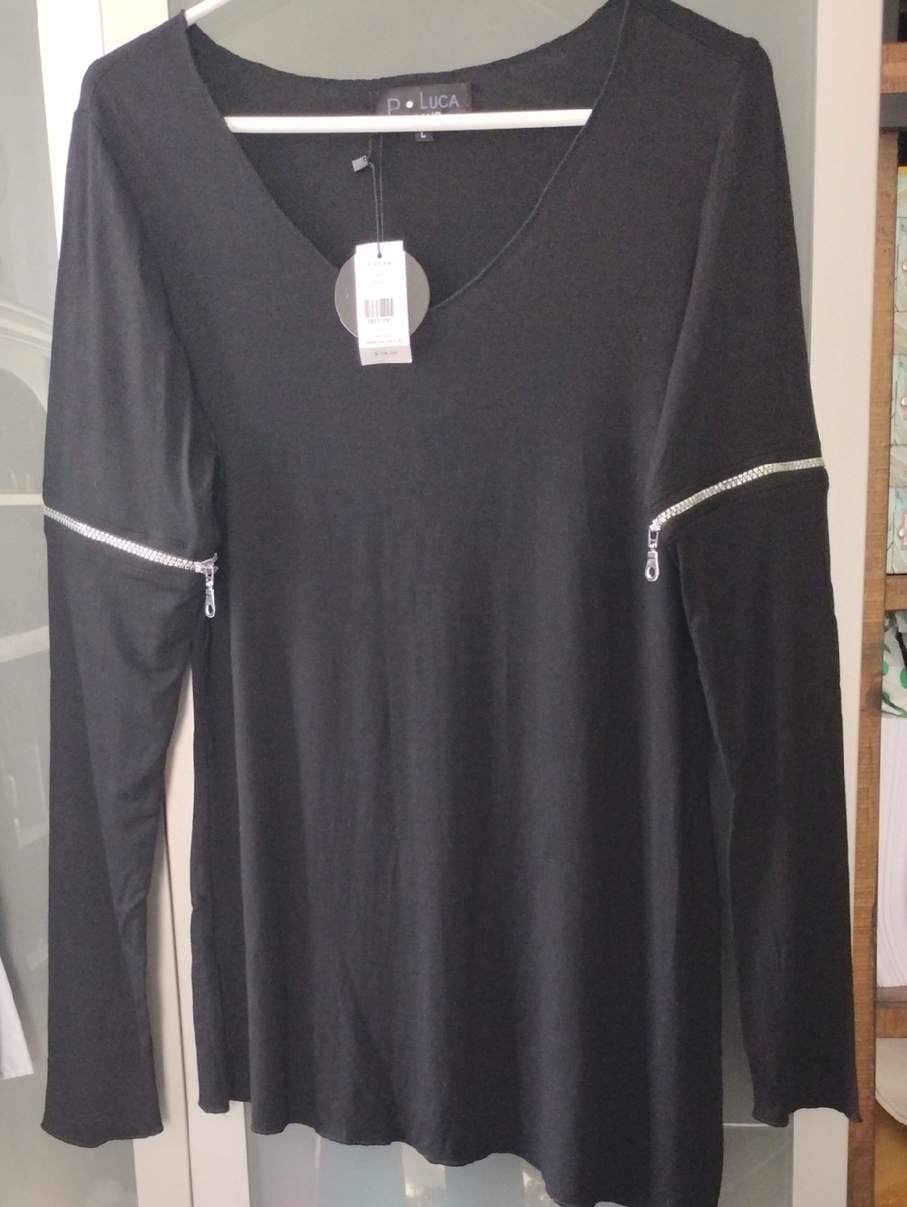 P. Luca Barami Edgy Black top with Silver zippers on sleeves. Asymmetric  Large
